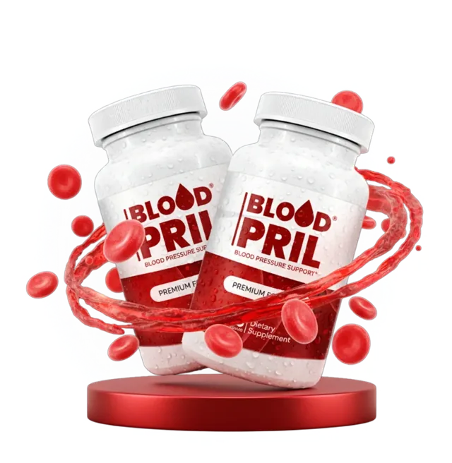 Two BloodPril bottles with red blood cells flowing around them